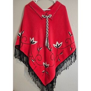 Vintage Handmade Women LARGE Wool Poncho Embroidered Red Floral Fringe Bohemian